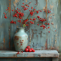 Grunge minimalist still life: ceramic blue vase, red apples and a branch with red berries against a scratched wall - obrazy, fototapety, plakaty