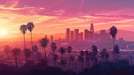 Skyline at Sunset with Palm Trees in Foreground. City Architecture and Skyscrapers Against Orange Sky - obrazy, fototapety, plakaty