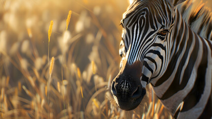 Close-up of a zebra's intricate black and white stripes, each pattern as unique as a fingerprint, against a blurred background of swaying grass