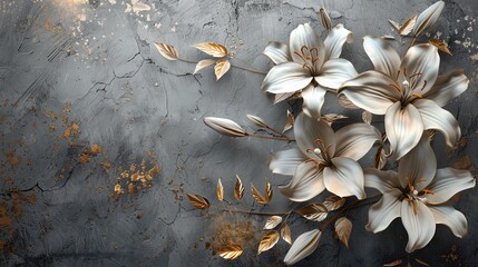 White lilies on an old concrete wall with gold elements. - obrazy, fototapety, plakaty