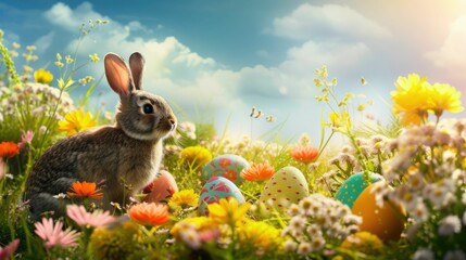 Fototapeta na wymiar A painting of a bunny rabbit amidst Easter eggs and flowers in a natural landscape, with a blue sky dotted with clouds, plants, and green grassland AIG42E