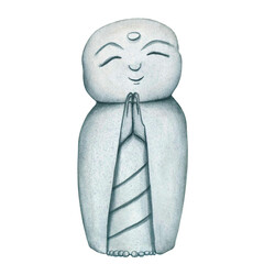 Jizo Bosatsu monk. Hand drawn watercolor illustration of Japanese Stone buddha Monk statue, Kamakura, Japan. Cute prayer Statue, healing Sculpture. Smiling Buddha Figurine