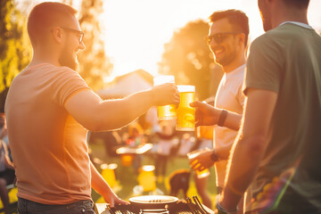Friends toasting beer at outdoor party - obrazy, fototapety, plakaty