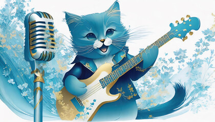 ギター弾きのネコ　AI画像　ジェネレーティブAI - obrazy, fototapety, plakaty
