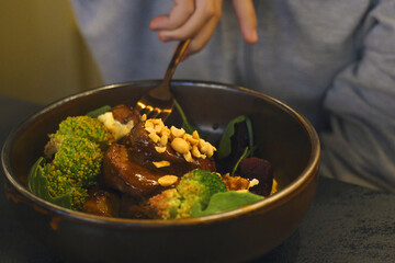 Gourmet dinner in a modern bowl