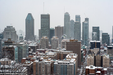 From atop Mount Royal, a winter panorama unfolds over downtown Montreal, skyscrapers veiled in snow