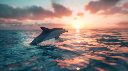 Fototapeta premium Curious dolphin gliding gracefully through a tranquil seascape, its sleek silhouette framed by soft-focus ocean hues and distant coastal scenery