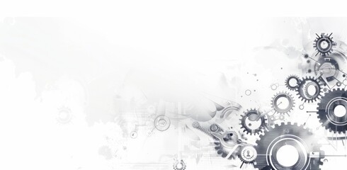 Abstract background with gears and high-tech elements, technology concept banner in the style of gray color on white background Generative AI