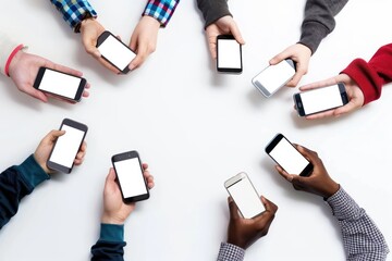 Obraz na płótnie Canvas Teens in circle holding smart mobile on white background