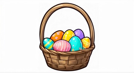 Easter eggs in a basket, sticker, illustration on isolated white background. Easter set of illustrations in doodle style for card, invitation, print, sticker, banner, poster. 3D illustration