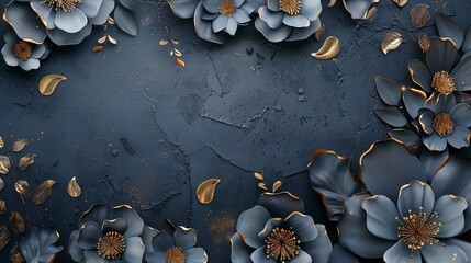 Decorative blue volumetric flowers on an old concrete wall. - obrazy, fototapety, plakaty