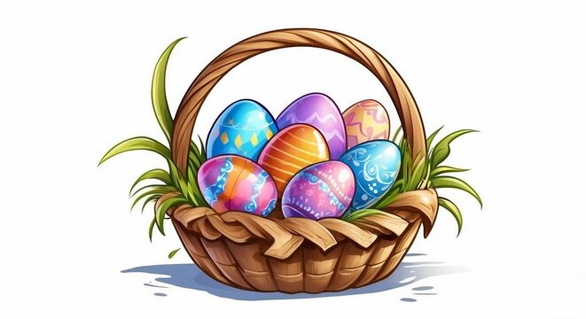 Easter eggs in a basket, sticker, illustration on isolated white background. Easter set of illustrations in doodle style for card, invitation, print, sticker, banner, poster. 3D illustration