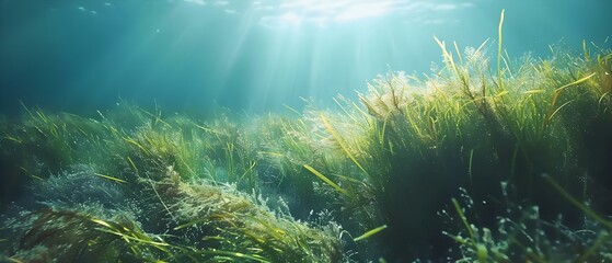 Seagrass gently sways on the ocean floor in high-quality video. Concept Seagrass, Ocean Floor, High-Quality Video, Nature Footage - obrazy, fototapety, plakaty