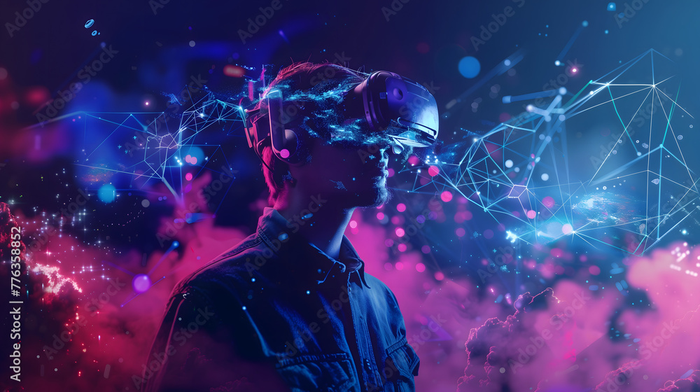 Poster man wearing vr glasses is immersed in the digital world of virtual reality, surrounded by glowing da
