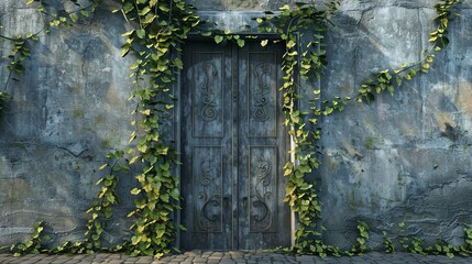 Old antique door on an old concrete wall, green plants.