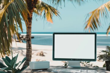 work desk and computer white mockup screen on summer sand beach ocean palm background