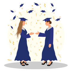 Two female graduates students shake hands on background of confetti and flying academic caps, graduation ceremony. Vector illustration