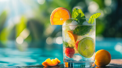 Citrus Infused Sparkling Water on Sunny Pool Day - obrazy, fototapety, plakaty