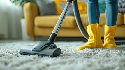 A female is cleaning carpet in the living room with a vacuum - obrazy, fototapety, plakaty