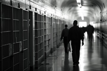 jailed criminals go for a walk, convicts prisoners - obrazy, fototapety, plakaty