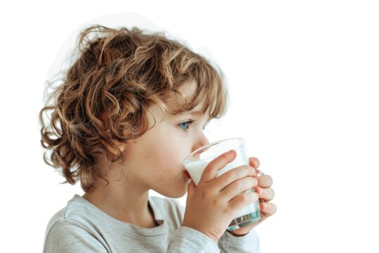little boy drinking milk isolated on a white background