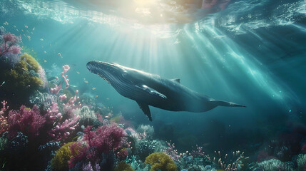 Graceful blue whale gliding beneath the surface, surrounded by vibrant underwater flora, with...