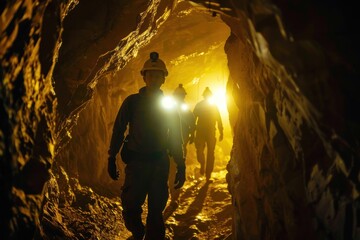 Miners with headlamps entering underground gold mine - obrazy, fototapety, plakaty