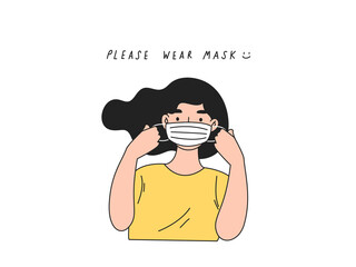 Young girl wear face mask to prevent COVID-19 with "Please wear mask" massage. Flat illustration for warning sign, banner, paper, virus prevention.