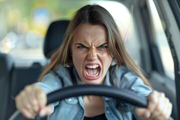 Photo portrait angry woman hold steering wheel driving lesson