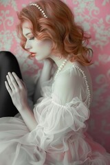 Portrait of a beautiful red-haired woman in a white dress.