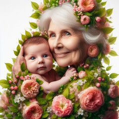 newborn baby with grandmother formed of blooming spring flowers and green leaves. ai generative