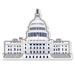 A die-cut sticker of the United States Capitol Building, depicted in a detailed, layered graphic style with a white outline.