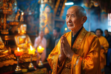 Fototapeta premium portrait priest and believers pray in the temple