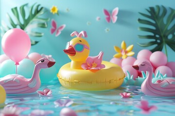 Cute pool party with inflatable toys 3D Blender creation