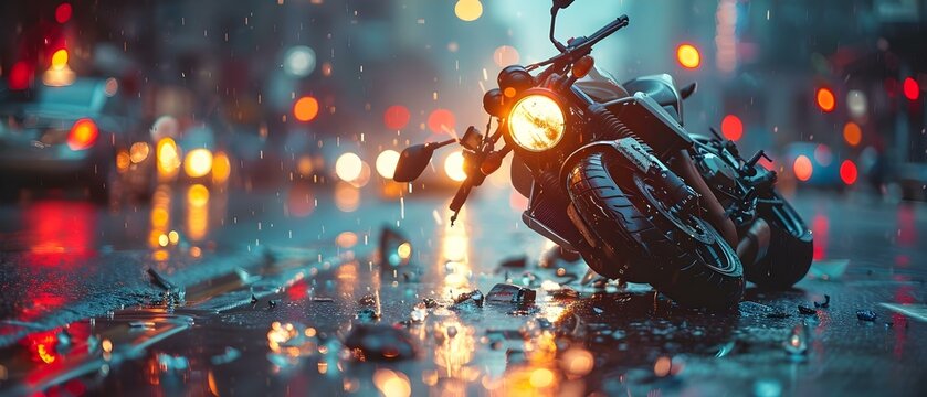 Motorcycle Accident in City Street: Damaged Bike and Personal Injury Lawyer. Concept Motorcycle Accident, City Street, Damaged Bike, Personal Injury Lawyer