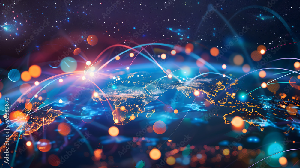 Poster abstract digital world map with global network connections and glowing data streams, representing in