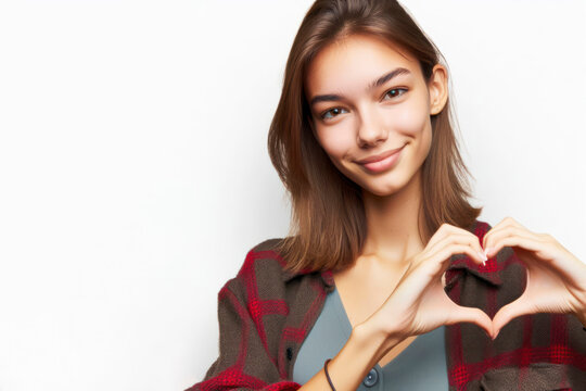 Woman Making Heart Sign With Hands Isolated On Solid White Background. Ai Generative