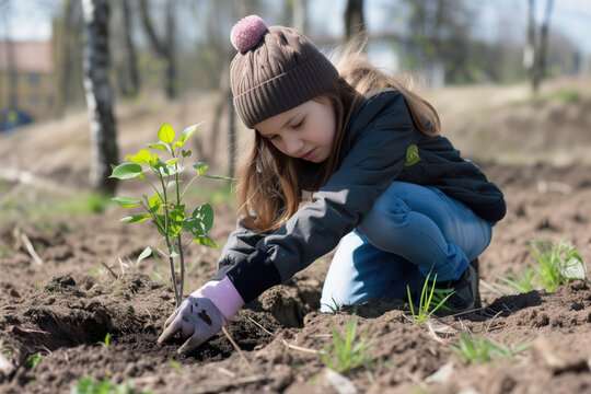 Young child girl planting tree in spring. The Earth day