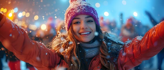 Energetic young woman dancing happily at a neon-lit apres ski party. Concept Dance, Neon Lights, Ski Party, Energetic, Young Woman