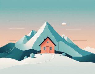 house in the countryside with mountain landscape digital art