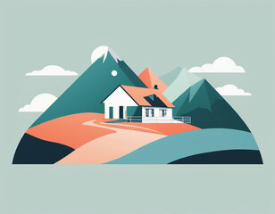 house on the hill, with mountains landscape digital art - obrazy, fototapety, plakaty