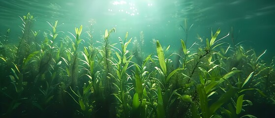 Obraz na płótnie Canvas Captivating Slow Motion Video of Sunlit Green Seagrass Meadow Featuring Syringodium isoetifolium. Concept Slow Motion Video, Seagrass Meadow, Syringodium isoetifolium, Sunlit, Captivating