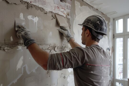 Builder works with plasterboard wall in apartment
