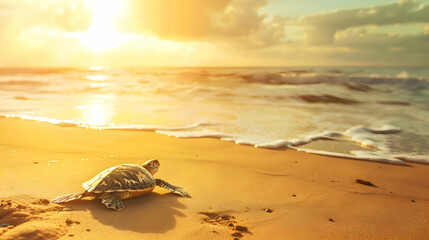 Lone turtle basking under the warm sunlight on a tranquil sandy beach, with ample copy space and gentle waves in the background