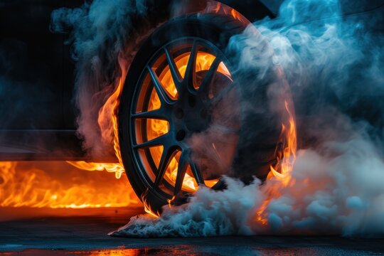 Close up Burnout tire flames and smoke, drifting wheel solid black background