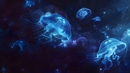 Luminous jellyfish drifting in the dark abyss, their translucent bodies radiating an otherworldly...