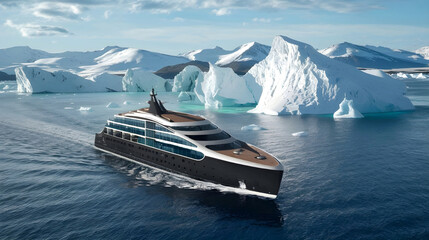A sleek cruise liner sailing past towering icebergs in the pristine waters of the Arctic Ocean, with snow-capped mountains in the distance.