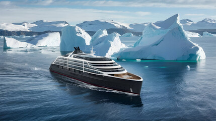 A sleek cruise liner sailing past towering icebergs in the pristine waters of the Arctic Ocean, with snow-capped mountains in the distance.