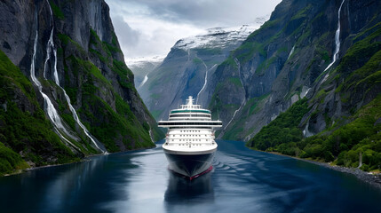 A sleek cruise ship navigating its way through a narrow fjord surrounded by towering cliffs and cascading waterfalls.