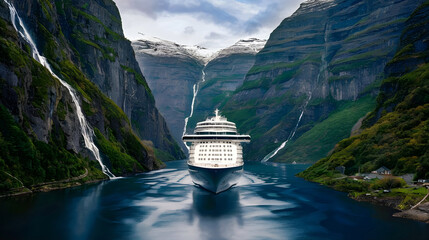 A sleek cruise ship navigating its way through a narrow fjord surrounded by towering cliffs and cascading waterfalls.